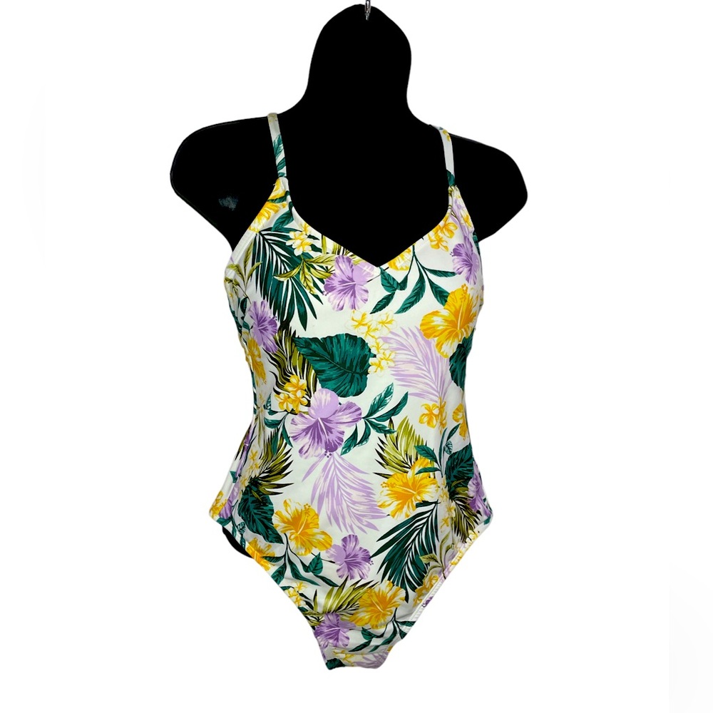 One piece tropical floral Hawaiian cris-cross adjustable strap swimsuit